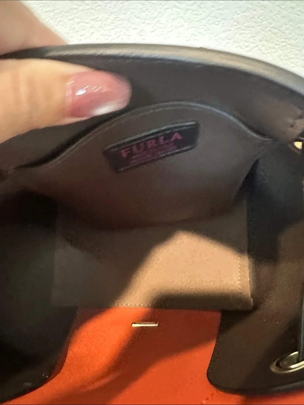Furla Orange-Red Leather Crossbody with Green Leaf Accent brand new